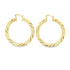 A pair of polished gold twist hoop earrings glimmers against a clean white background.