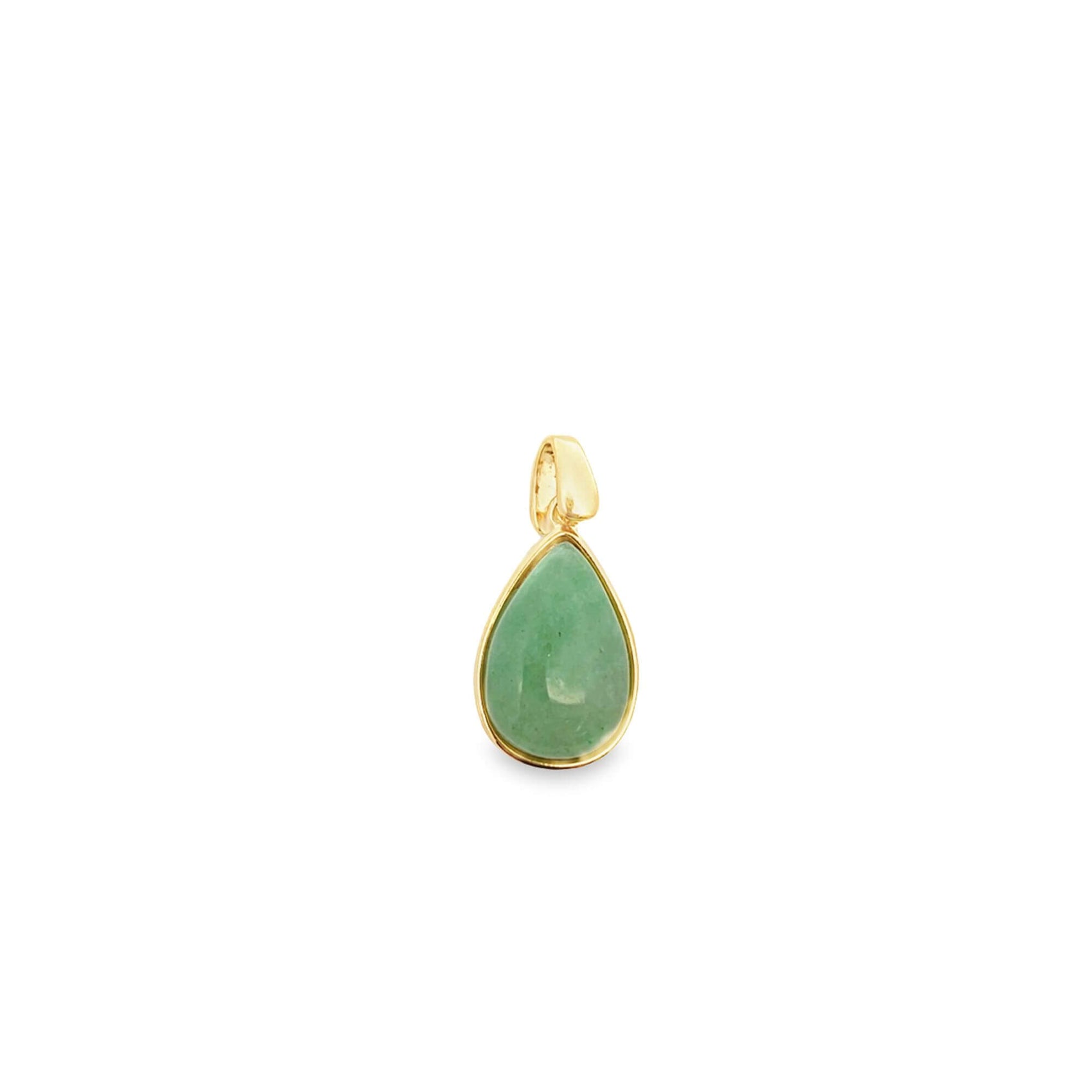 A teardrop-shaped green aventurine gemstone pendant rests in a polished gold bezel setting against a clean white background.