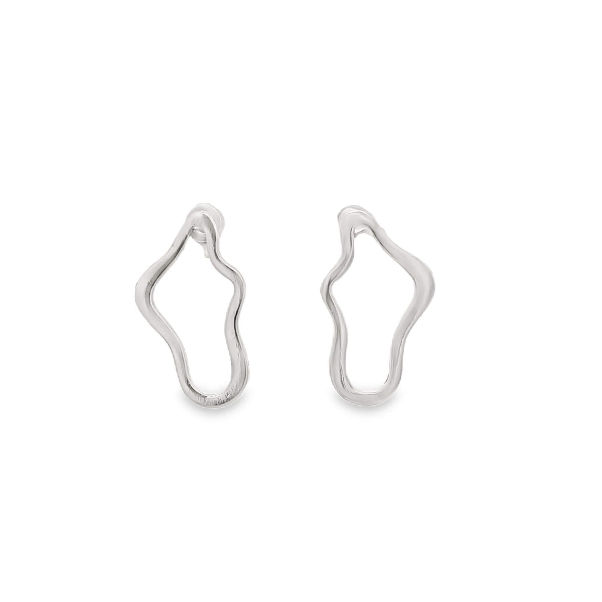 A pair of abstract silver earrings displays organic, fluid shapes against a clean white background.