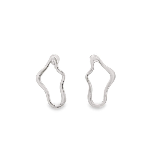 A pair of abstract silver earrings displays organic, fluid shapes against a clean white background.