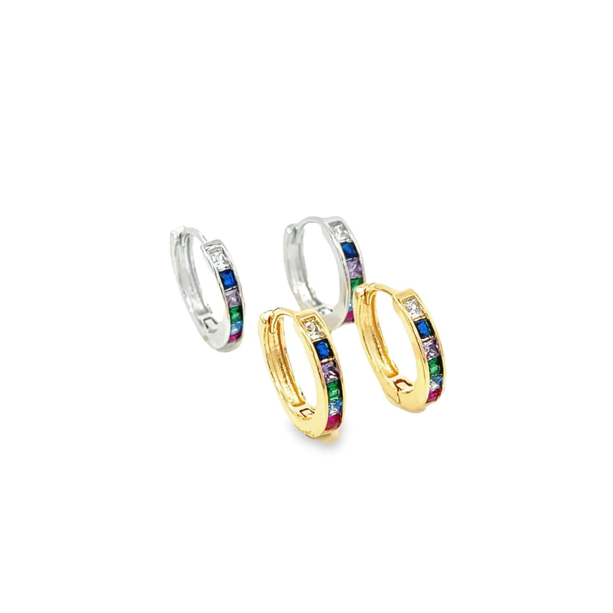 Two pairs of silver and gold huggie hoop earrings feature vibrant multicolored baguette-cut cubic zirconia crystals against a clean white background.