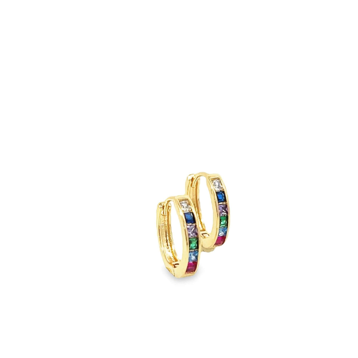 A pair of small gold hoop earrings sparkle with multi-colored cubic zirconia stones set along the front.