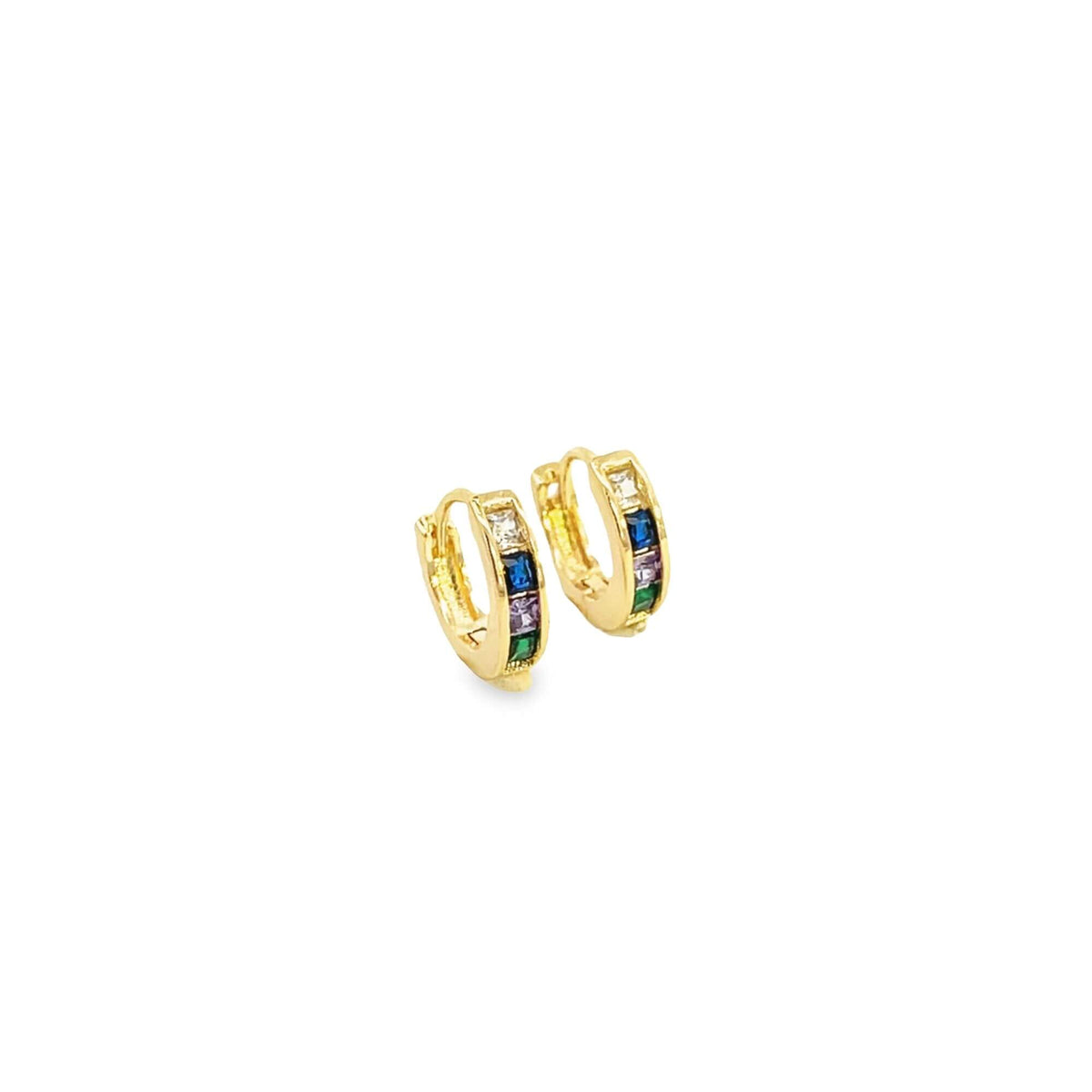 A pair of gold huggie hoop earrings displays colorful square gemstones embedded along the front against a clean white background.