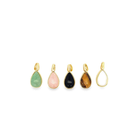 Five teardrop-shaped gemstone pendants in gold settings display green, pink, black, tiger's eye, and white stones in a row.