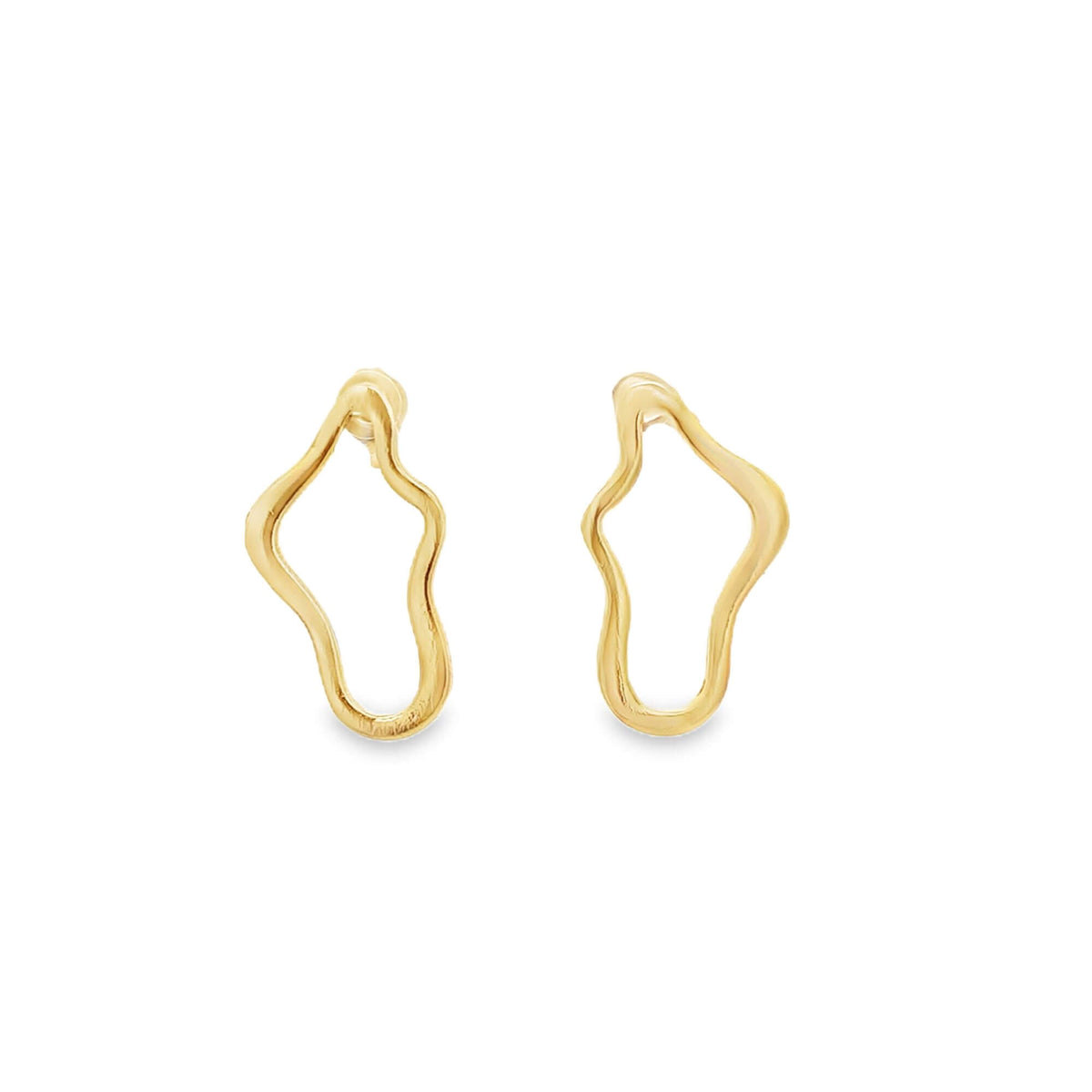 A pair of unique, abstract-shaped gold earrings gleams against a plain white background.