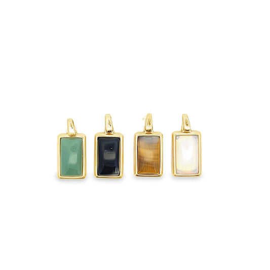 Four rectangular gold pendant necklaces showcase interchangeable gemstones in green, black, brown, and white against a clean white background.