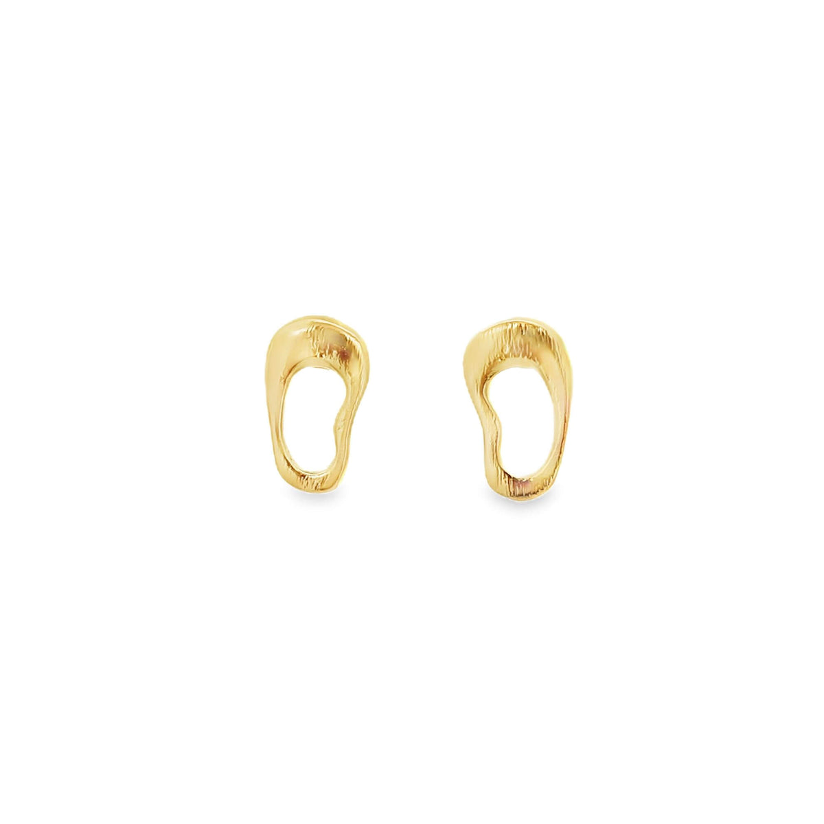 A pair of textured gold abstract stud earrings displays an organic, asymmetric shape against a plain white background.