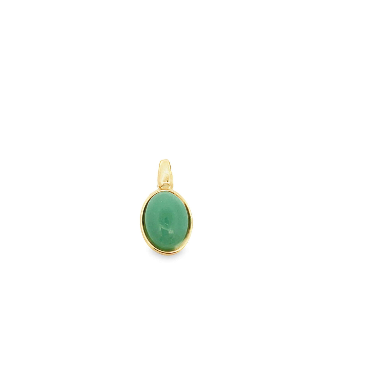 A smooth oval green jade gemstone is set in a simple gold pendant against a clean white background.