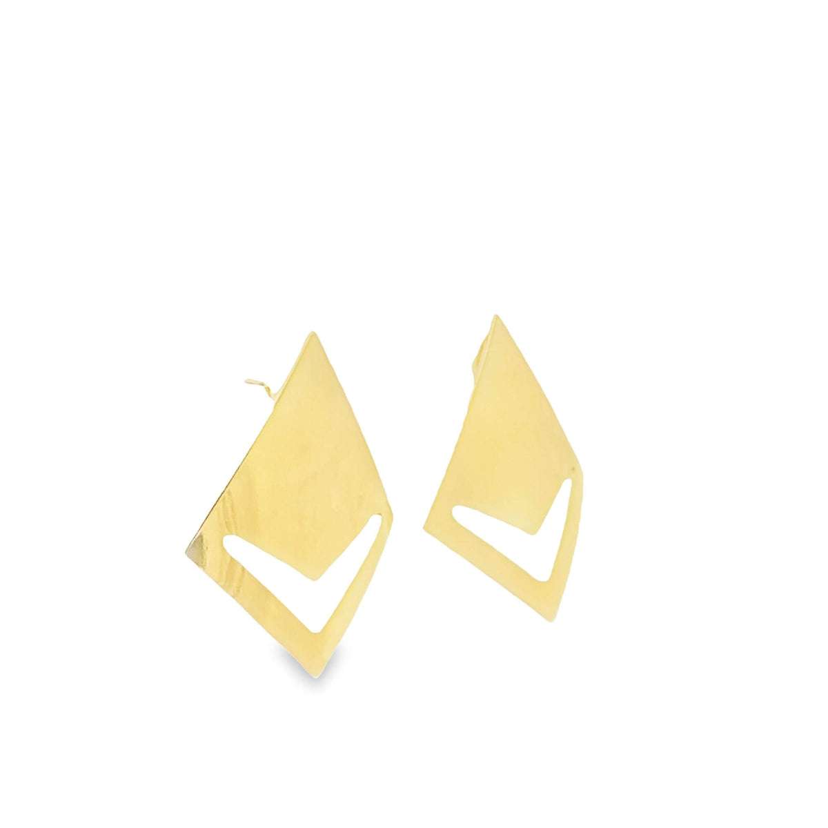 A pair of modern gold geometric earrings featuring a diamond shape with a distinct cutout chevron design rests against a clean white background.