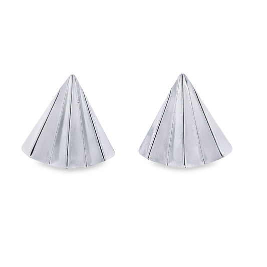 A pair of sleek silver cone stud earrings display a textured, ribbed design against a clean white background.