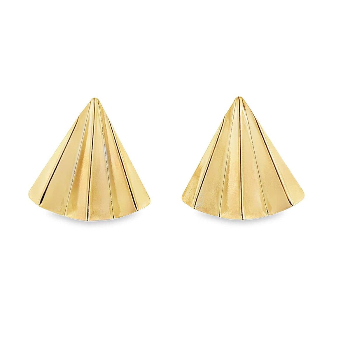 A pair of shiny gold cone-shaped stud earrings features ribbed texturing radiating from the pointed tips against a clean white background.