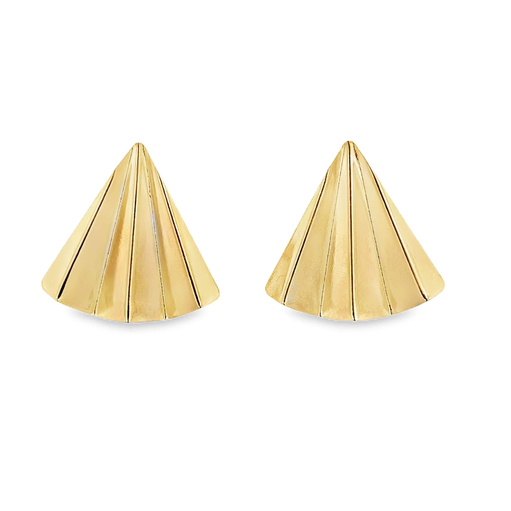 A pair of shiny gold cone-shaped stud earrings features ribbed texturing radiating from the pointed tips against a clean white background.