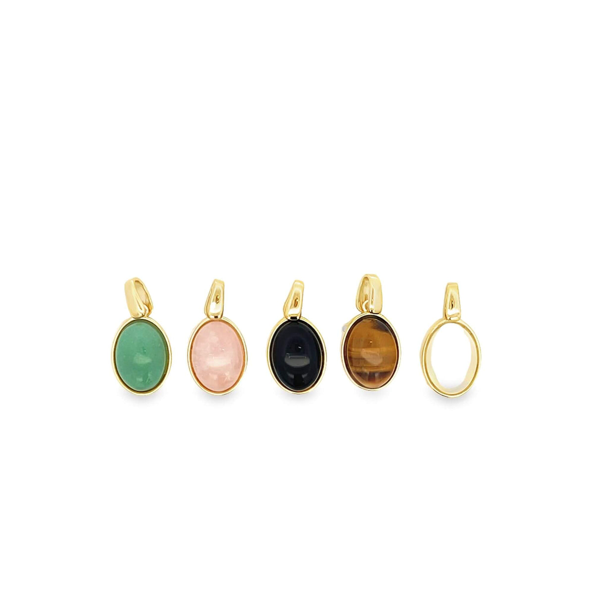 Five oval gold pendant necklaces with colorful gemstone inserts, including green, pink, black, brown, and white, display on a white background.