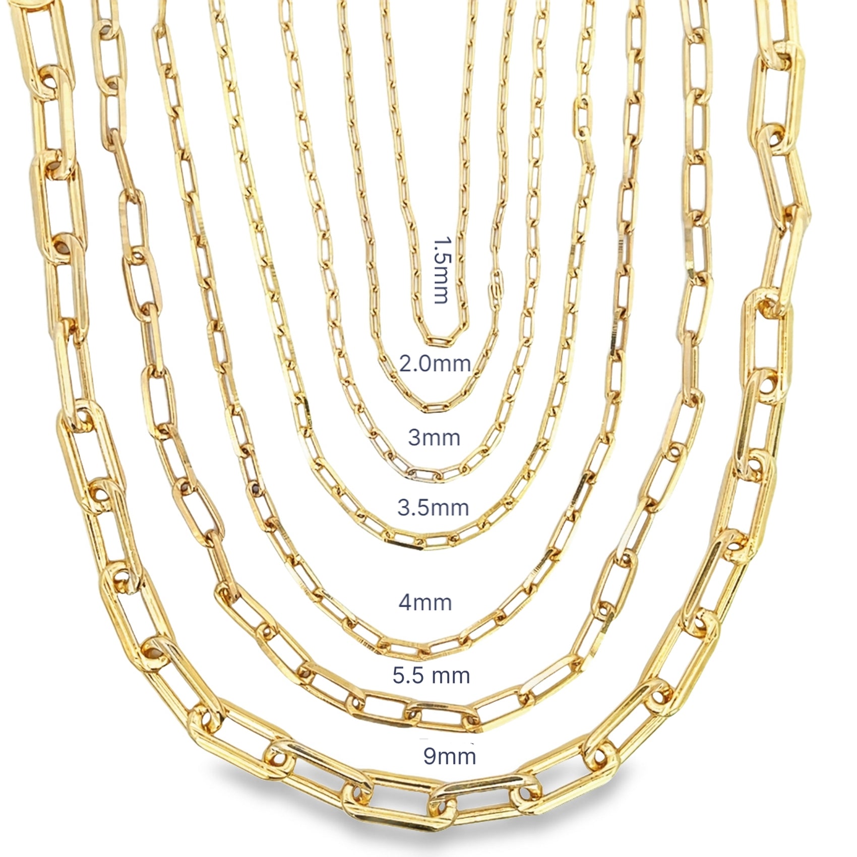 Several gold paperclip chain necklaces of varying widths from 1.5mm to 9mm are displayed side-by-side to compare sizes.