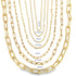 Several gold paperclip chain necklaces of varying widths from 1.5mm to 9mm are displayed side-by-side to compare sizes.