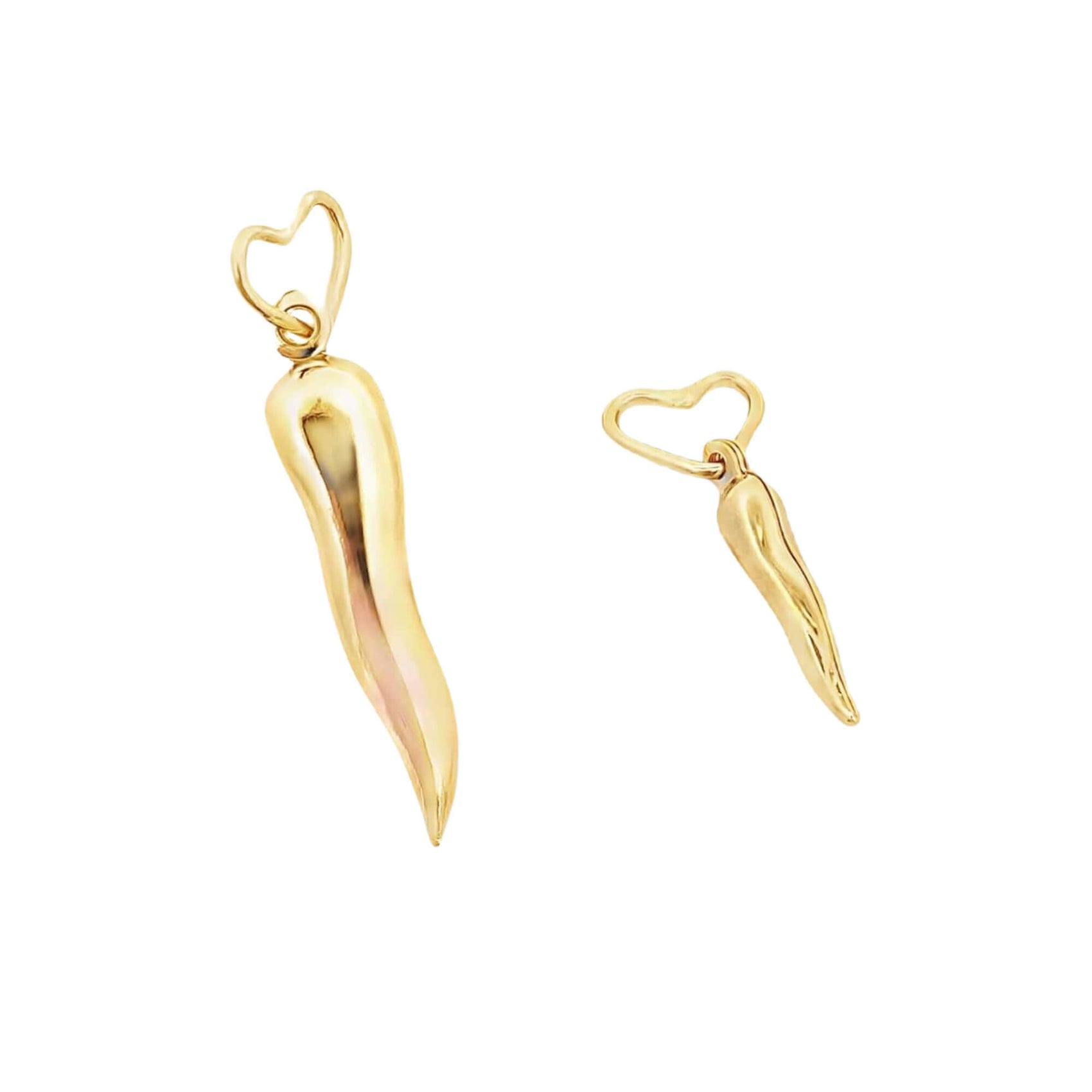 Two polished gold Italian horn pendants featuring heart-shaped bails hang against a clean white background.