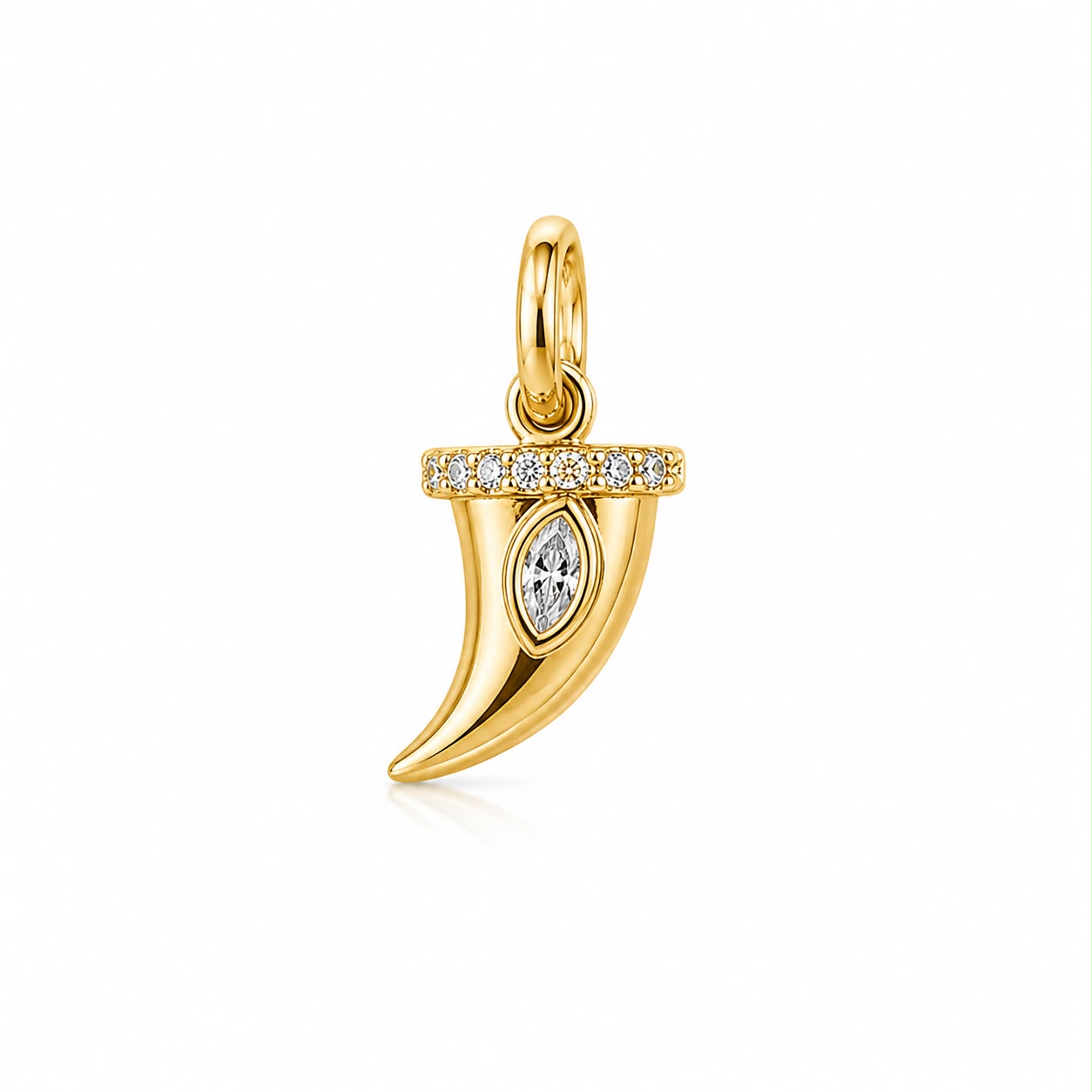 Elegant horn charm featuring a marquise-cut cubic zirconia with pavé accents. Crafted in 18K Gold Filled and Rhodium. Perfect for necklaces, hoops, bracelets, and personalized jewelry.