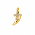 Elegant horn charm featuring a marquise-cut cubic zirconia with pavé accents. Crafted in 18K Gold Filled and Rhodium. Perfect for necklaces, hoops, bracelets, and personalized jewelry.