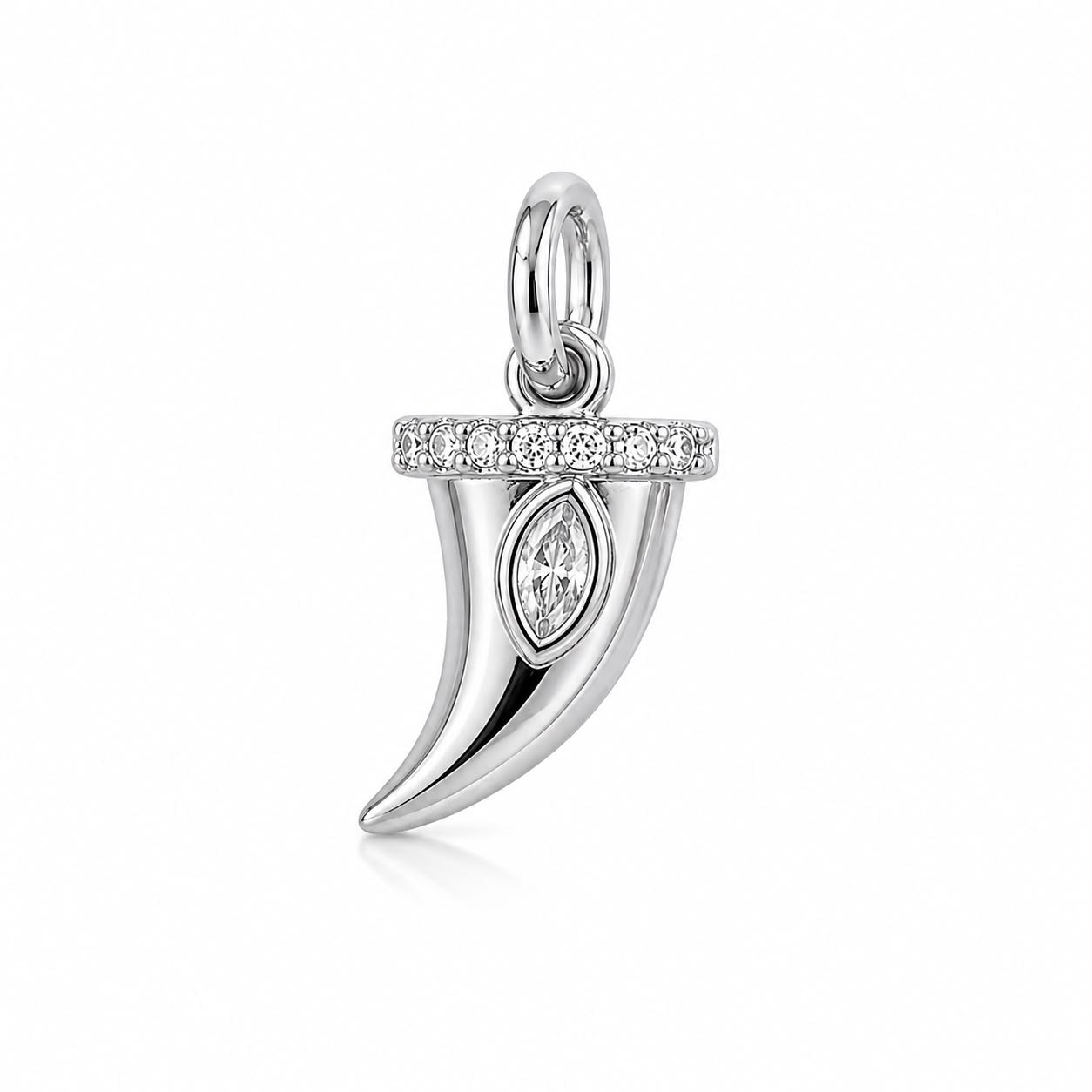 Elegant horn charm featuring a marquise-cut cubic zirconia with pavé accents. Crafted in 18K Gold Filled and Rhodium. Perfect for necklaces, hoops, bracelets, and personalized jewelry.