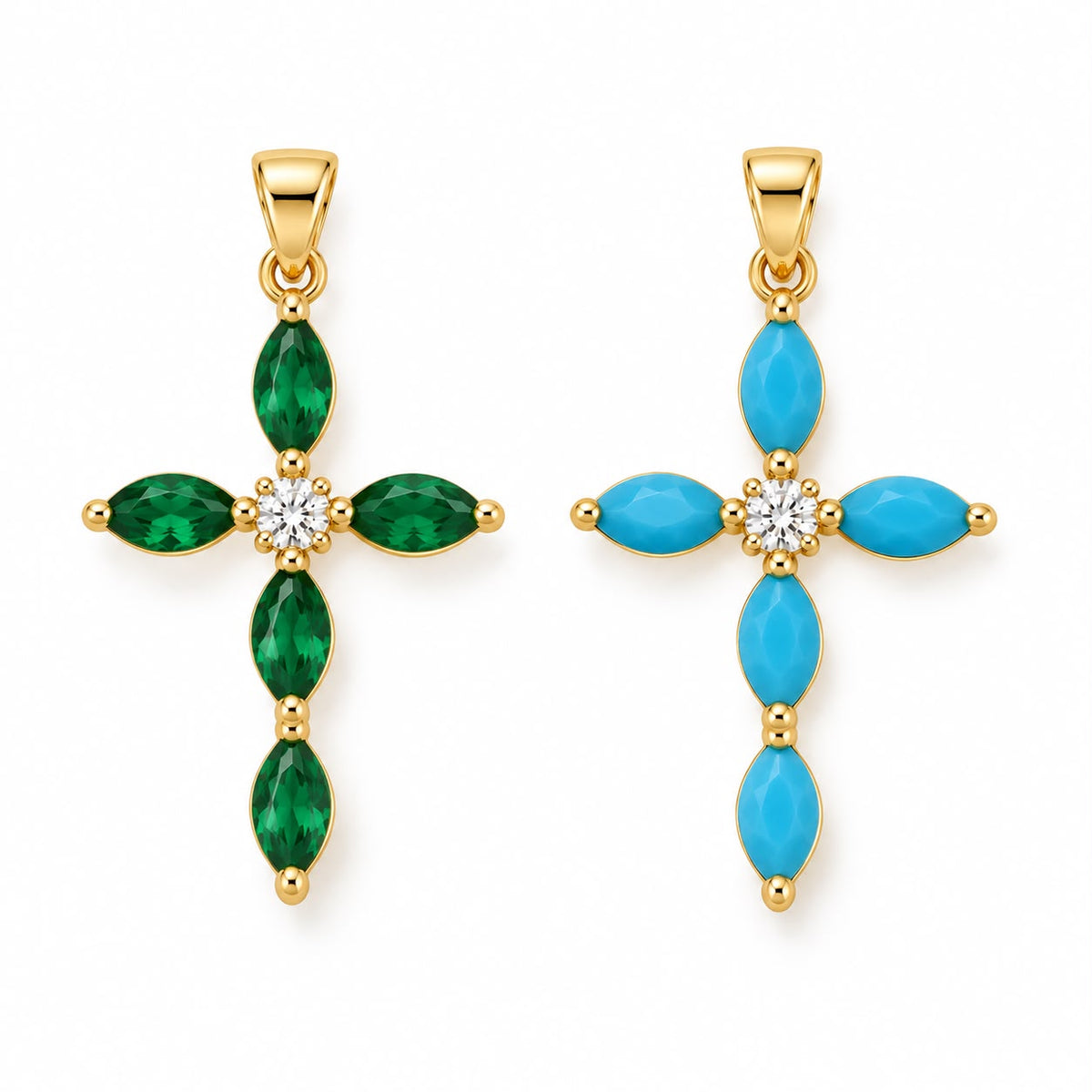 Shop an elegant marquise cross pendant crafted in 18K Gold Filled. Featuring faceted marquise-cut stones and a refined statement design available in multiple color options.