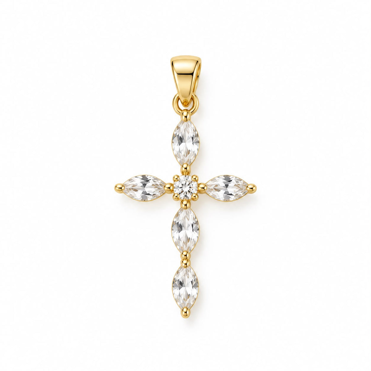 Shop an elegant marquise cross pendant crafted in 18K Gold Filled. Featuring faceted marquise-cut stones and a refined statement design available in multiple color options.