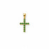 A gold cross pendant features bezel-set emerald green stones against a clean white background.