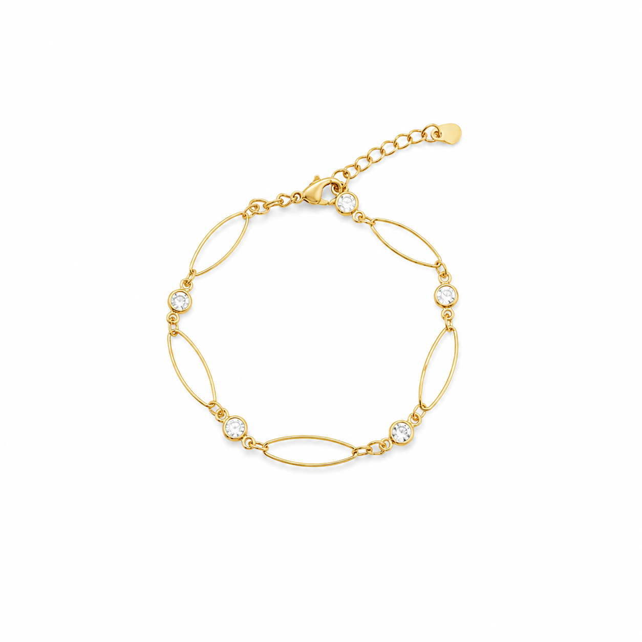 Delicate Gold Filled Bracelet necklace featuring elongated oval links and sparkling cubic zirconia stations. Lightweight, elegant, and perfect for layering.