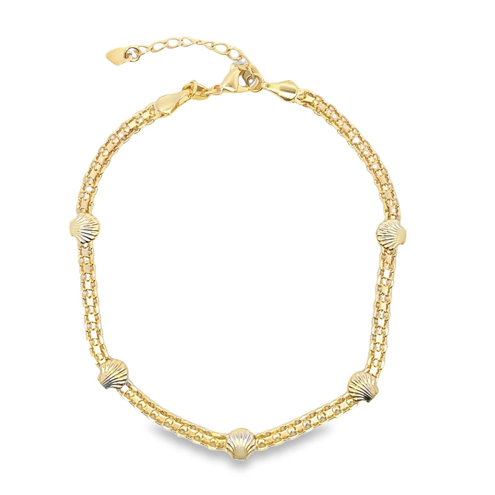A gold chain anklet features delicate seashell charms spaced evenly along the links against a clean white background.
