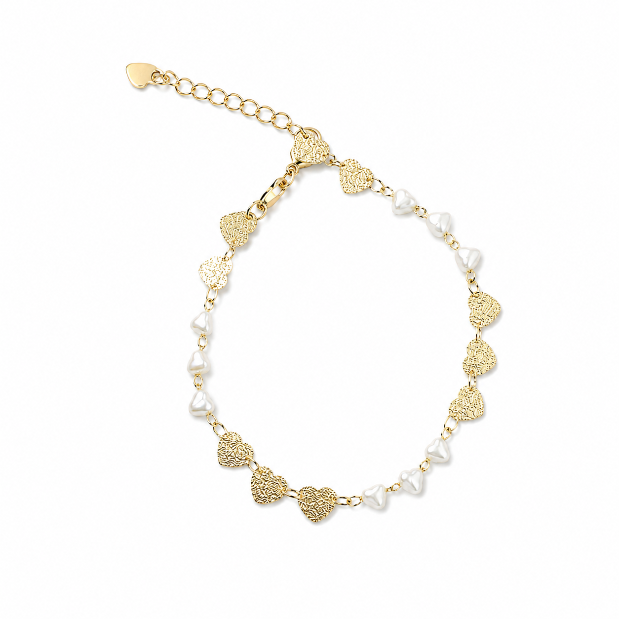 A delicate gold bracelet features alternating textured heart charms and white pearl hearts against a clean white background.