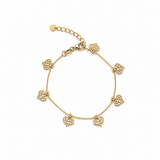 Delicate filigree heart station necklace crafted in 18K Gold Filled. Features elegant openwork heart charms on a fine chain for a timeless romantic look.