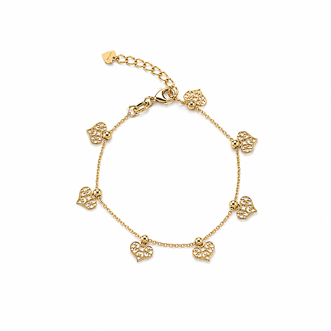 A delicate gold charm bracelet features intricate filigree heart charms dangling along the chain against a clean white background.