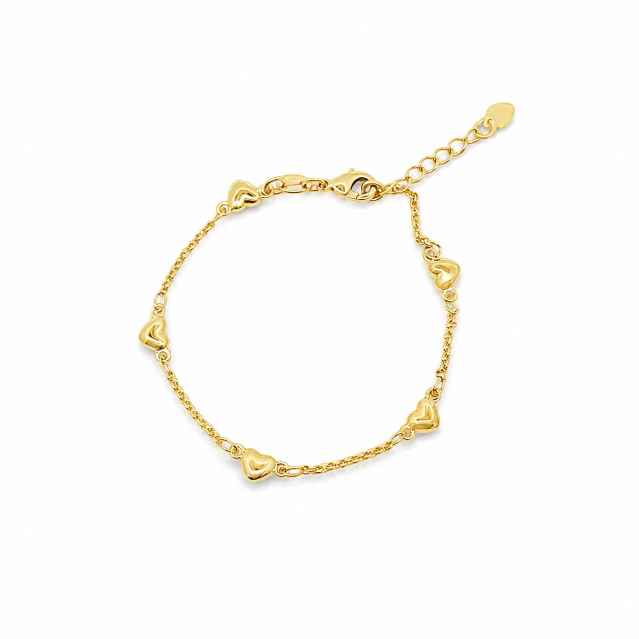 A delicate gold chain bracelet features several small, polished heart charms spaced evenly along the links against a clean white background.