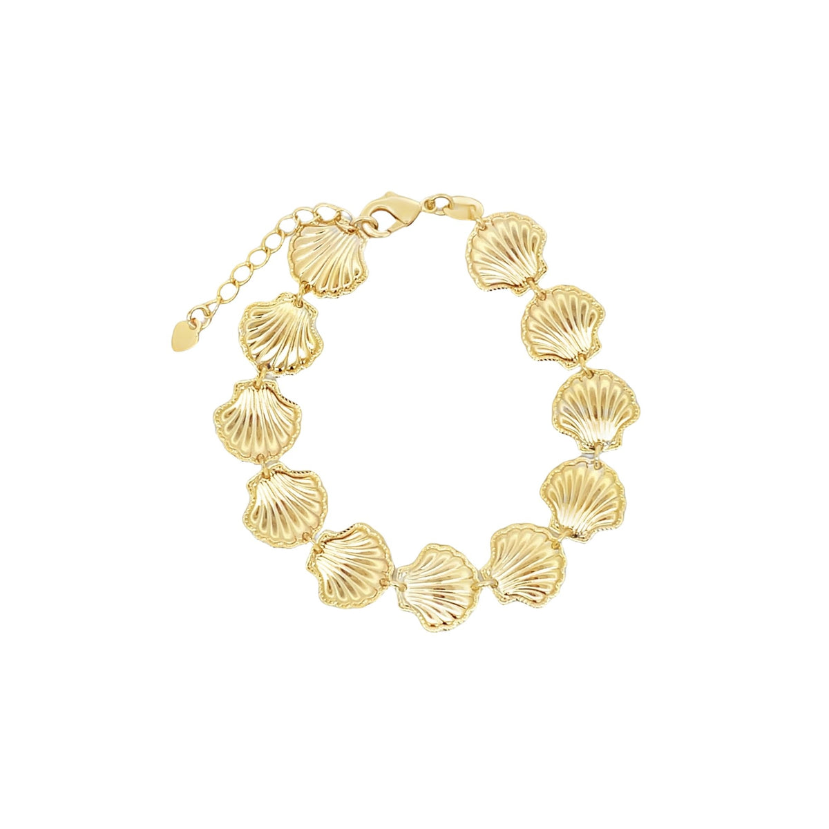 A gold seashell charm bracelet featuring a delicate chain with a lobster clasp rests against a clean white background.
