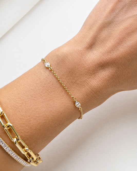 Elegant 18K gold filled choker and bracelet set with oval bezel crystals. 