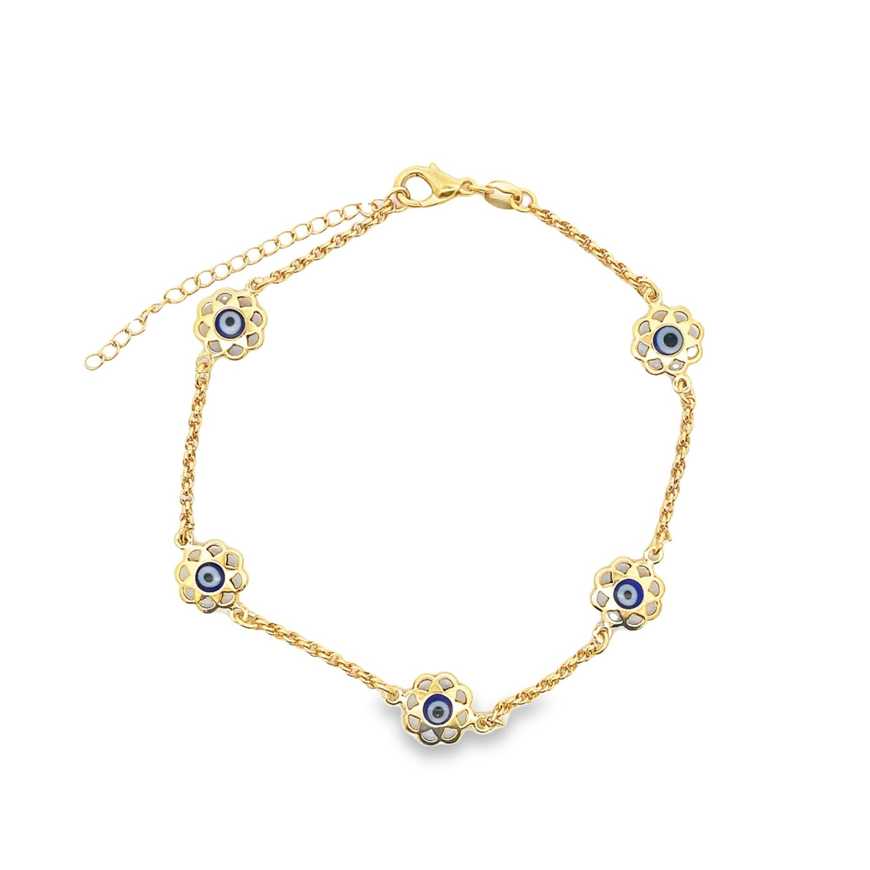 A gold chain bracelet features five delicate flower charms adorned with blue and white evil eye beads against a clean white background.