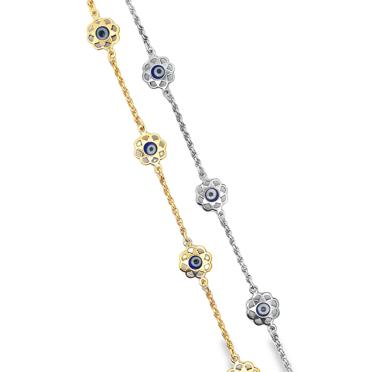Two delicate chains, one gold and one silver, feature matching flower-shaped evil eye charms against a clean white background.