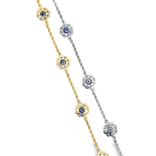 Two delicate chains, one gold and one silver, feature matching flower-shaped evil eye charms against a clean white background.