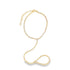 A sparkling gold rhinestone slave bracelet features a delicate chain connecting a wristband to a finger loop against a white background.