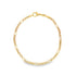 A classic gold Figaro chain bracelet rests in a circle on a white background, displaying its alternating long and short links and a secure lobster clasp.