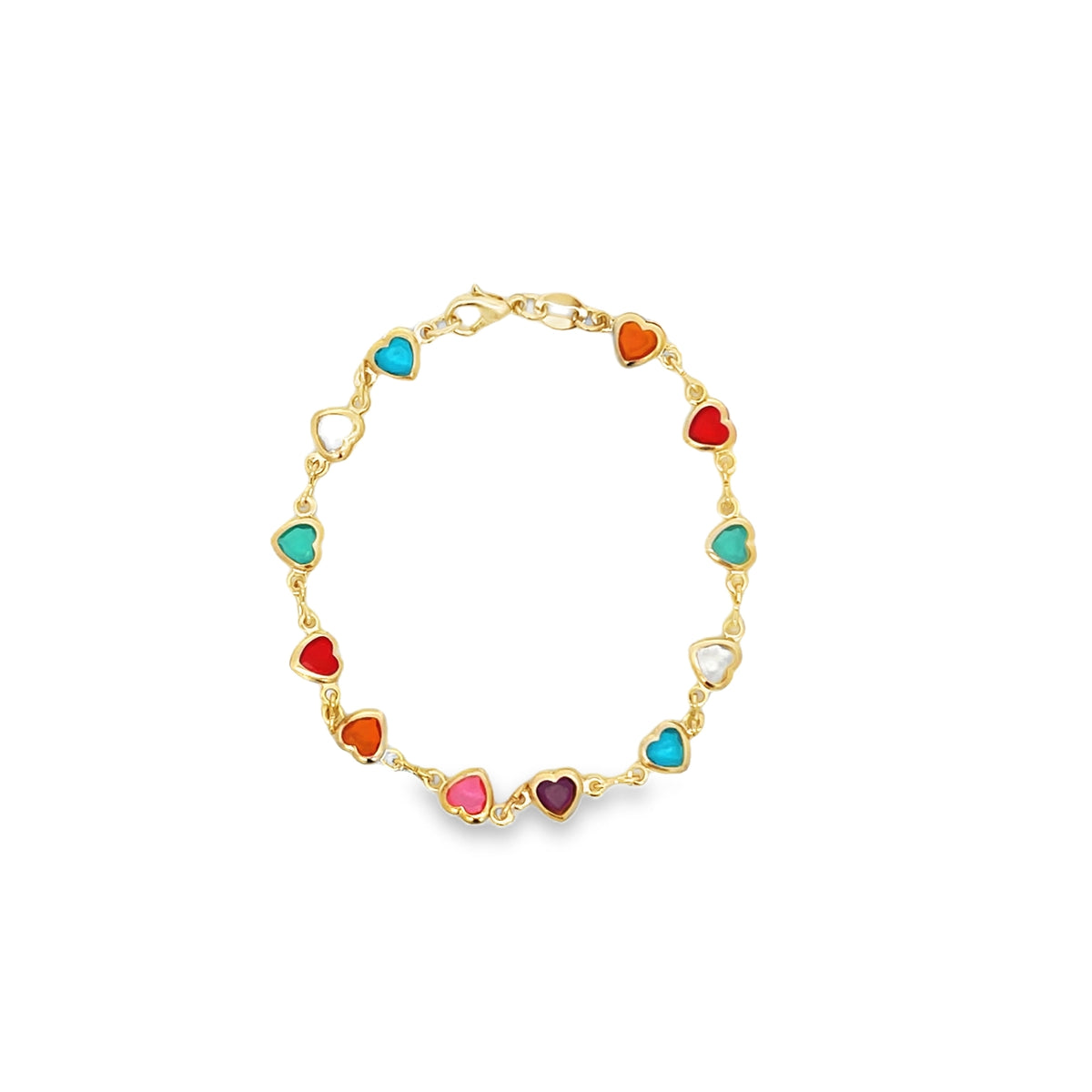 A delicate gold chain bracelet features vibrant, multicolored enamel heart charms displayed in a circular arrangement.