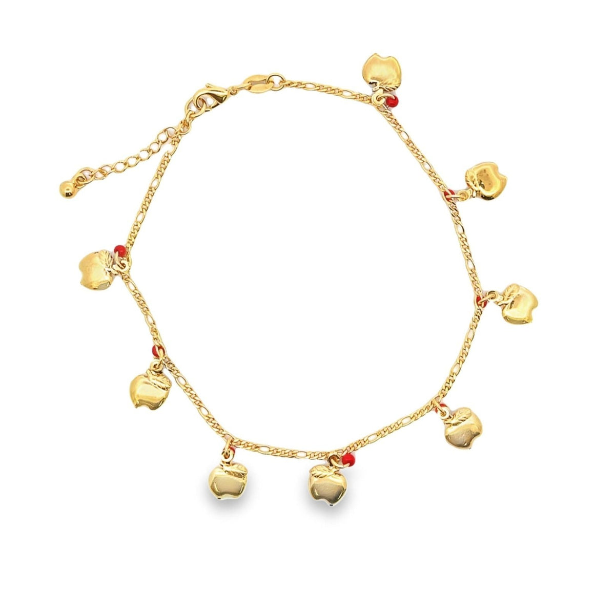 A gold charm anklet features dangling apple pendants interspersed with small red beads against a plain white background.