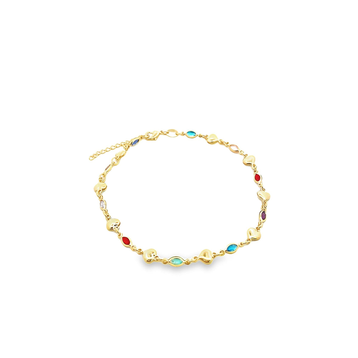 A delicate gold chain bracelet features alternating tiny hearts and colorful bezel-set gemstones on a clean white background.