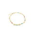 A delicate gold chain bracelet features alternating tiny hearts and colorful bezel-set gemstones on a clean white background.