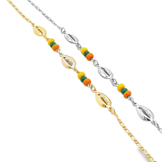 Two delicate chains, one gold and one silver, feature alternating cowrie shell charms and colorful yellow, green, and orange beads.