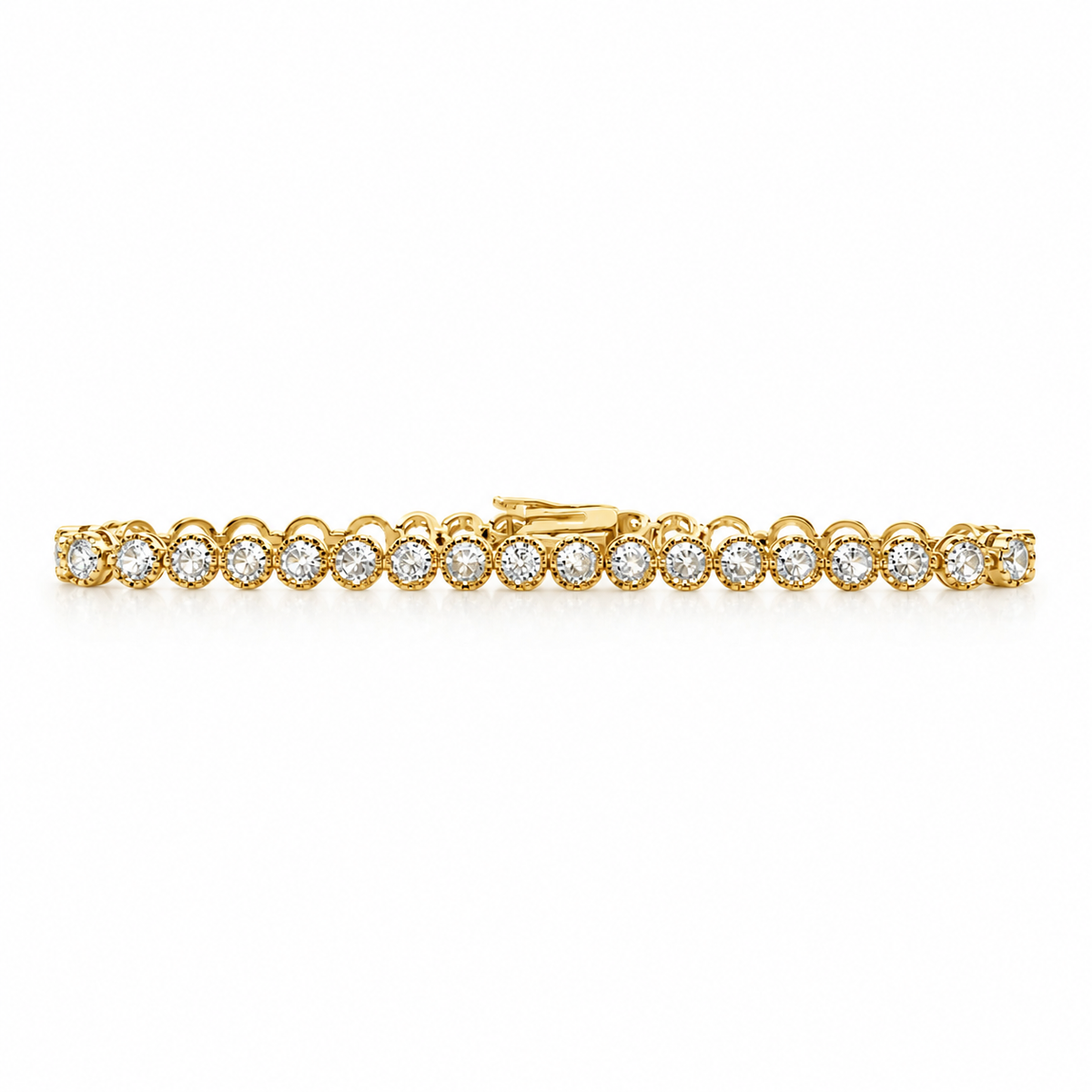 A yellow gold tennis bracelet sparkles with a continuous line of round bezel-set diamonds against a clean white background.