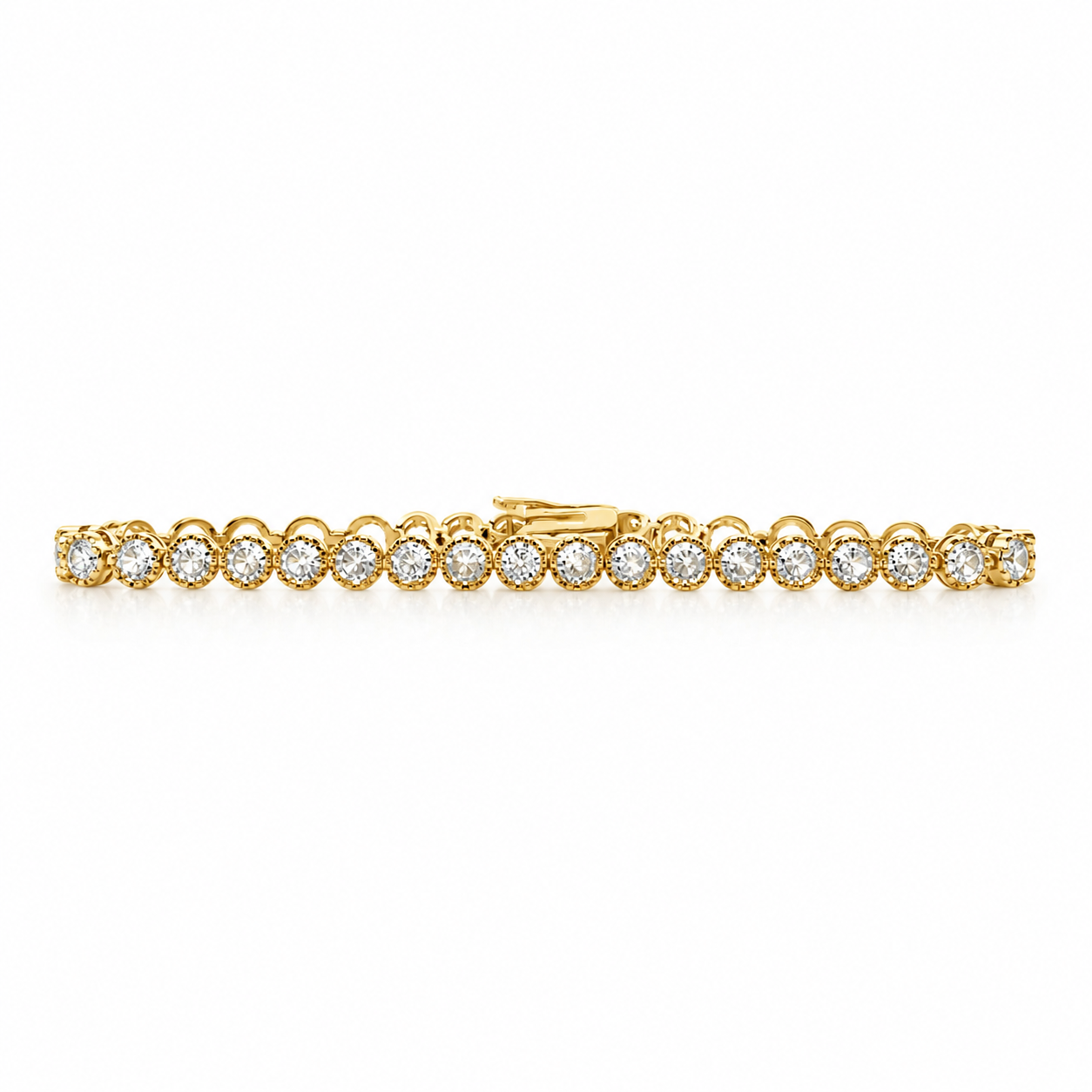 A yellow gold tennis bracelet sparkles with a continuous line of round bezel-set diamonds against a clean white background.