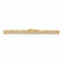 A yellow gold tennis bracelet sparkles with a continuous line of round bezel-set diamonds against a clean white background.