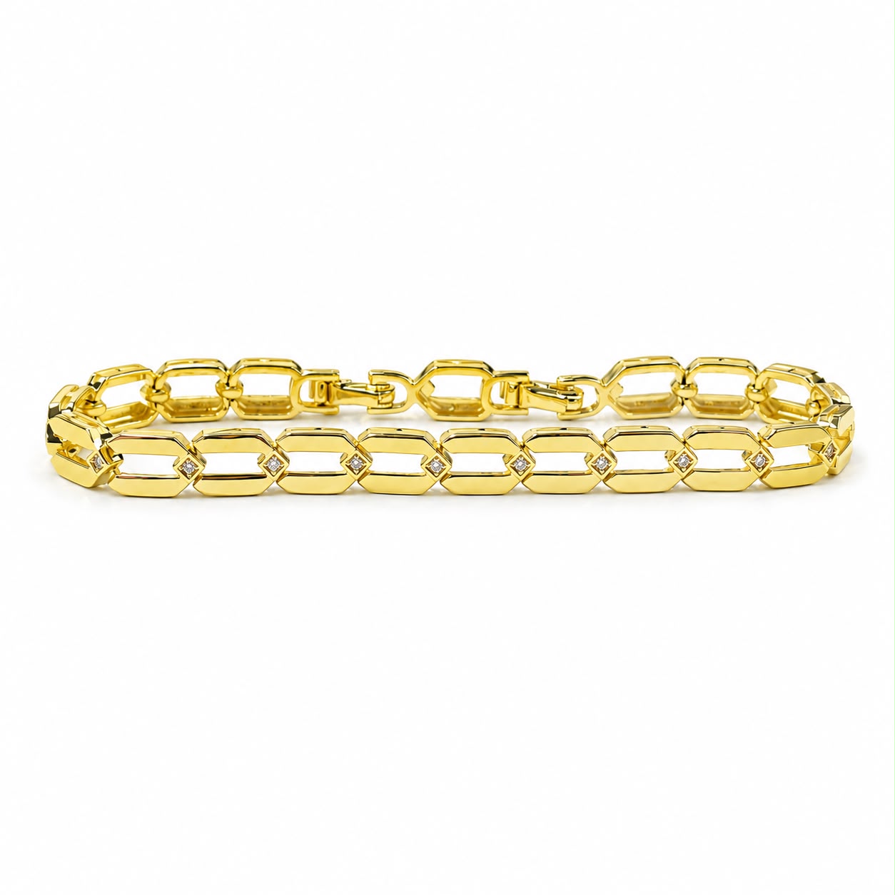 Elegant 18K Gold Filled geometric link bracelet featuring polished open links accented with sparkling cubic zirconia. Modern, lightweight and perfect for everyday wear.