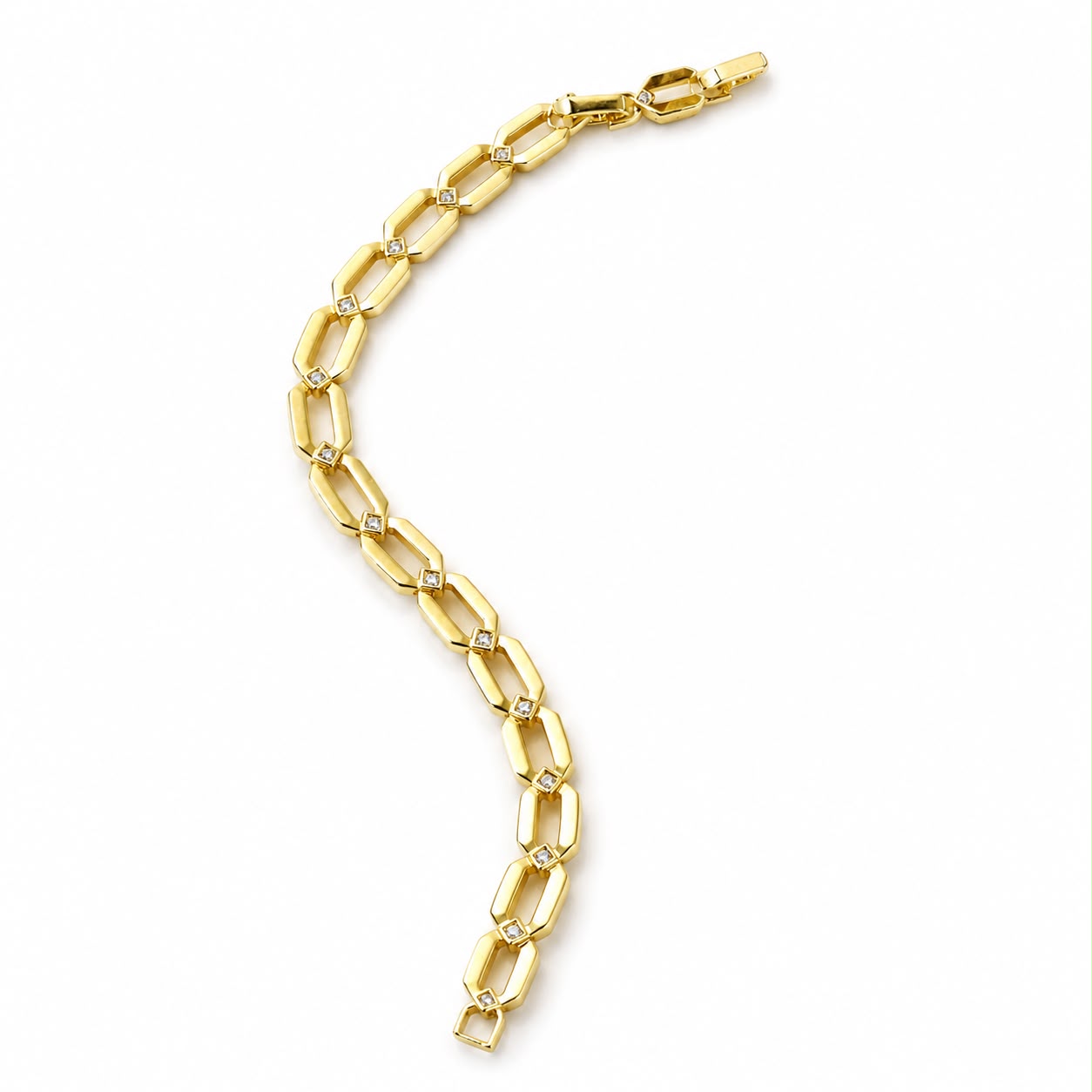 Elegant 18K Gold Filled geometric link bracelet featuring polished open links accented with sparkling cubic zirconia. Modern, lightweight and perfect for everyday wear.