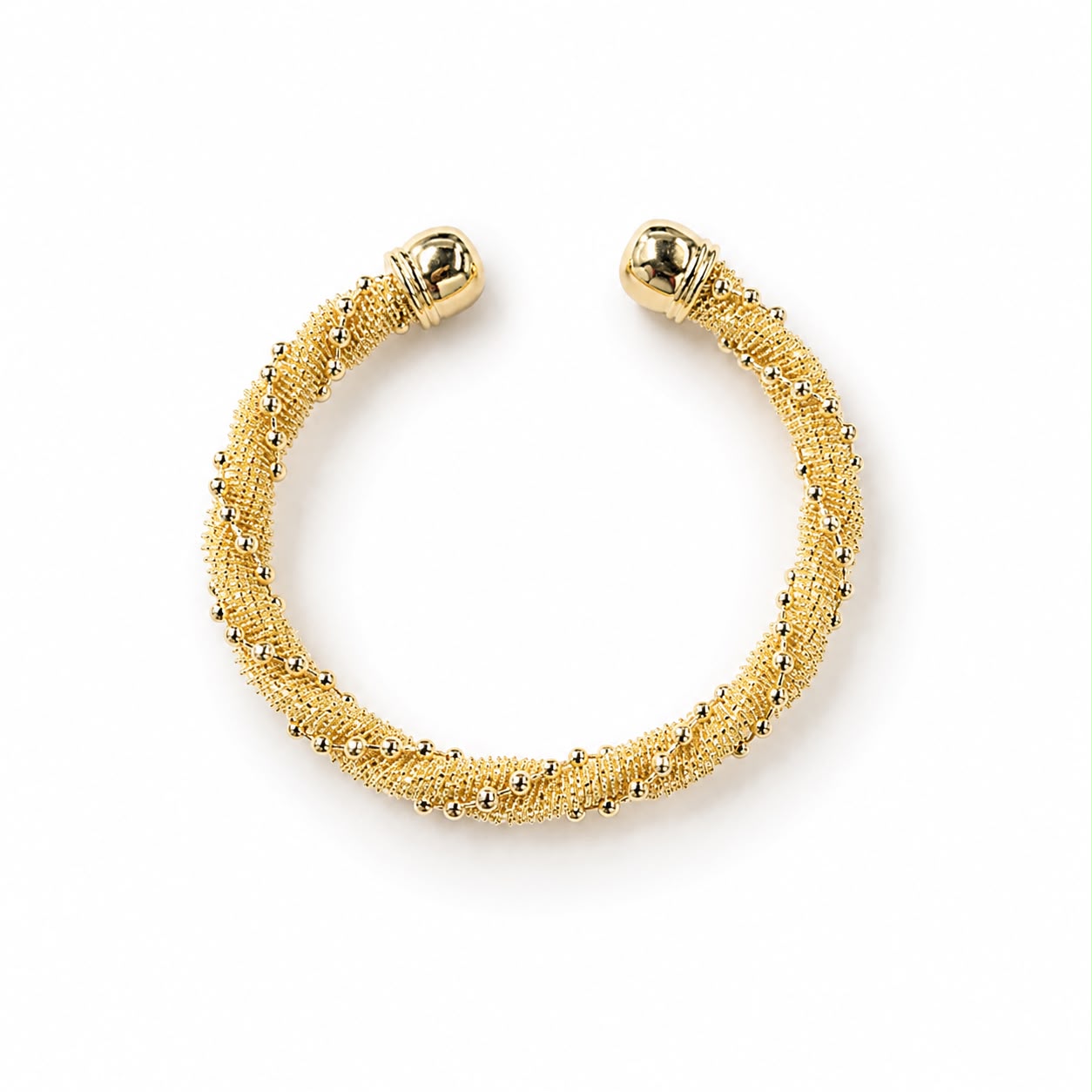 Elegant 18K Gold Filled textured cuff bracelet featuring woven mesh detailing with polished beaded accents. Lightweight, tarnish resistant and perfect for everyday wear.